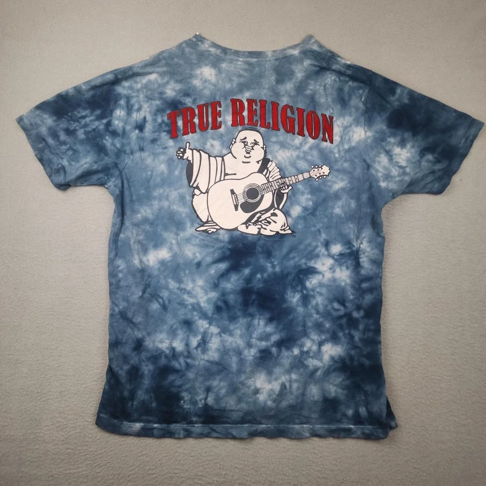 True Religion Shirt Mens Medium Blue Tie Dye Buddha Logo Crewneck Tee Music